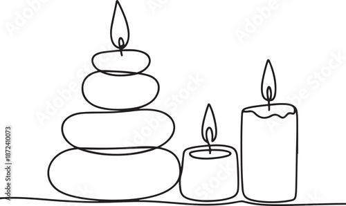 Continuous Line Art Illustration of Stacked Stones with Burning Candles
