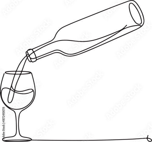 Continuous Line Art Illustration of Wine Bottle Pouring into Glass
