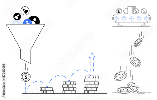 Digital marketing, business automation, sales optimization, lead generation, revenue flow, financial growth. A funnel filtering leads to generate coins and profits. Digital marketing and business