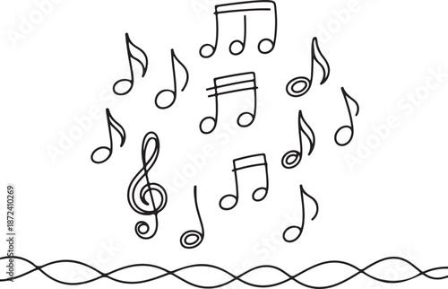 Continuous line art illustration with natural sketch contour, single continuous line forming cluster of floating music notes in wave pattern..ai