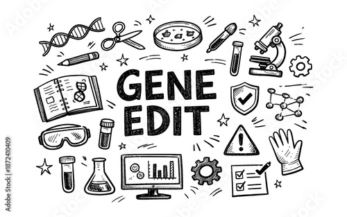 Doodle illustration of gene editing tools and concepts for scientific research