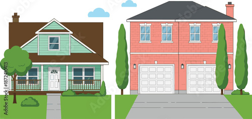 Residential House Exterior Vector Set with Single Family Home and Modern Garage Building, Suburban Architecture, Property Facade Illustrations