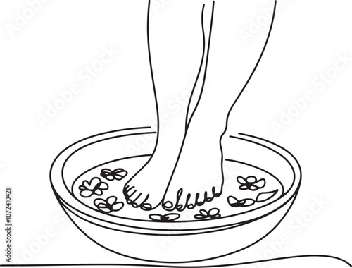 Continuous Line Art Illustration of Shallow Foot Bath with Floating Petals
