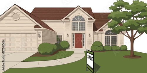 Suburban Family House for Sale Illustration with Front Yard, Garage, Real Estate Sign, Residential Property Exterior, and Home Buying Concept