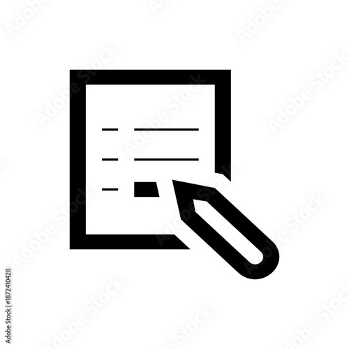 A minimalist vector icon of a pencil writing on a document