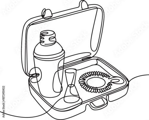 Continuous Line Art Illustration of Open Case with Shaker Jigger and Strainer