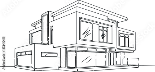 Modern house in continuous line art drawing style. Contemporary building architectural model black linear design isolated on white background. Vector illustration.