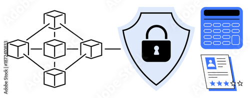Block structure, shield with lock, calculator, and document with rating stars represent security, data privacy, precision, trustworthiness, compliance blockchain progress. Ideal for cybersecurity