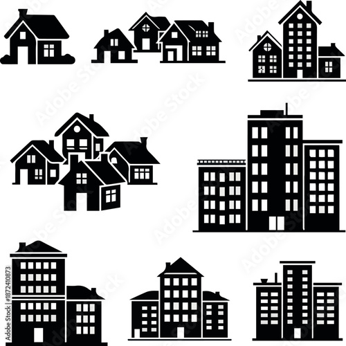 Residential area, housing estate silhouette icons set isolated on white. Cityscape, town..