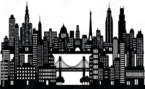  Set of cityscape black silhouettes with buildings, skyscrapers, bridge, tower, landmark. Urban landscape.