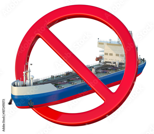 Russian oil tanker with red prohibition sign. 3D rendering