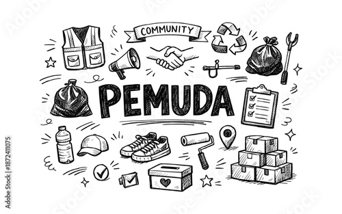 Community volunteerism and teamwork illustrated with hand-drawn icons and the word PEMUDA