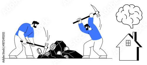 Labor, teamwork, construction, mining, housing, brainstorming. Two workers breaking rocks using tools. Labor and teamwork illustrated as mining activity with intellectual and housing-related concepts