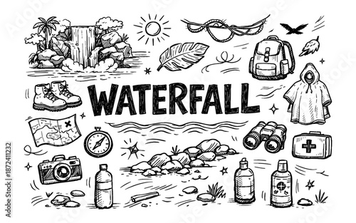 Hand-drawn collection of waterfall adventure and travel essentials in sketch style
