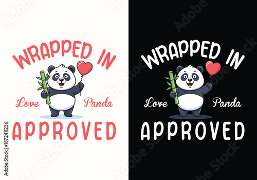 Vector illustration of a happy panda mascot holding a red heart balloon designed for kids' apparel and nursery decor.