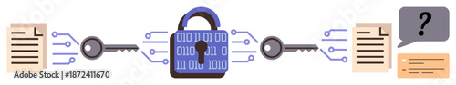 Data protection, encryption, digital security, cybersecurity, information exchange, secure communication. Blue binary lock connecting documents and keys. Data protection and encryption concept