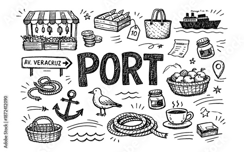 Hand-drawn sketch of port life with nautical elements and market stalls