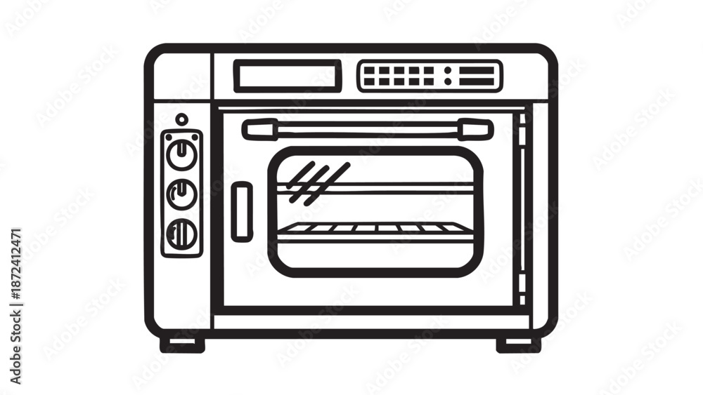 Fototapeta premium A simple line drawing of an oven with a visible interior and control panel on a white background