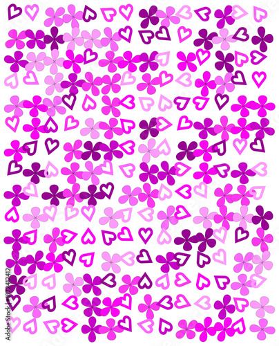 Vibrant pink and purple heart and flower patterned background with assorted floral designs and heart shapes in various shades on white