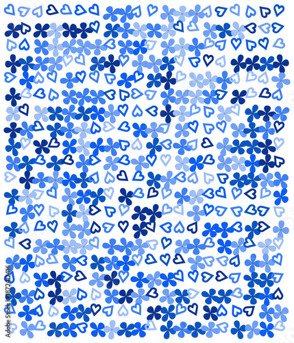 Blue floral heart pattern with flowers and hearts on white background for love and romance concepts with romantic and sentimental