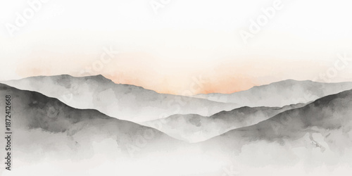 A breathtaking mountain landscape at dawn features snow-capped peaks rising above a misty forest valley as the morning sun casts a golden light through the clouds and fog