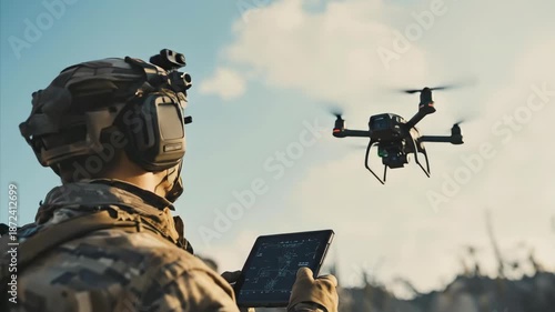 Soldier operating drone with controller. Military personnel conducting surveillance with unmanned aerial vehicle. Tactical reconnaissance.