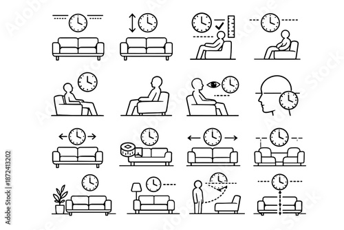 Wall living room clock seating icon vector minimalist cue placement calm sofa