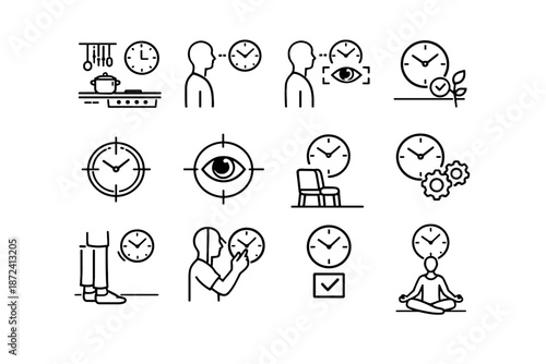 Standing icons mindful viewing efficiency choice cue clock functional vector calibration icon