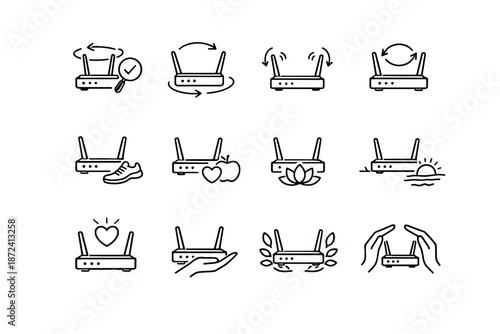 Router change check care habit lifestyle mindful vector reorientation adaptability set icon
