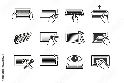 Calm cue tab silhouette vent panel release icon grille maintenance usability vector