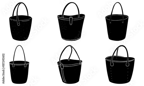 Six Black Woven Baskets with Handles on White Background