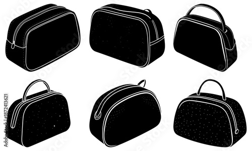 Black Cosmetic Pouch with White Stitching and Handle on White Background zipper