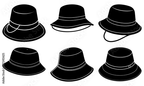 Six Different Styles of Black Hats with White Outlines on White Background