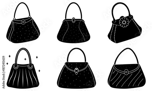 Five black handbags with different on a white background fashion accessory