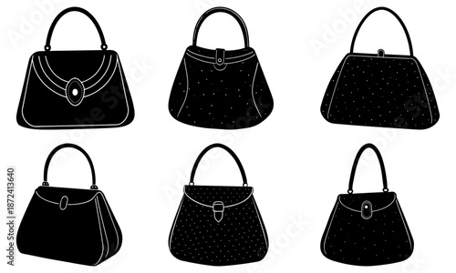 Six Black Handbags with Sparkle Texture on White Background purse