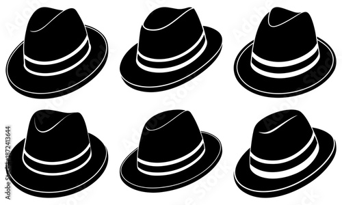 Six Black and White Striped Fedora Hats in Silhouette on White Background