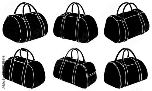 Five Black Duffle Bags with White Stitching on White Background travel bag gym bag