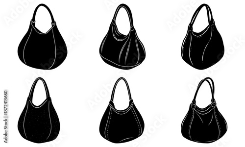 Five Black Handbags with Different Strap Styles on White Background fashion accessory