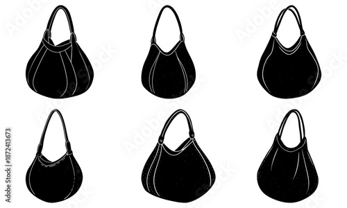 Five black handbags with white stitching on white background purse