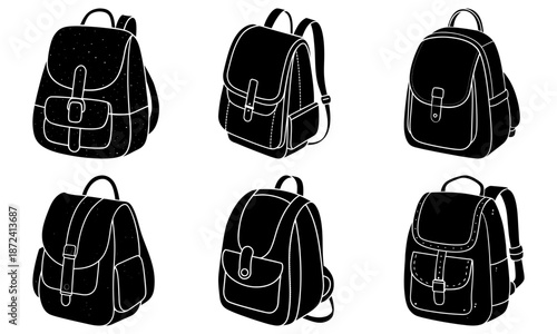 Six Black Backpacks with White Outlines on White Background school