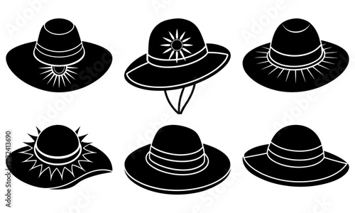 Six Black and White Sun Hats with Different on Transparent Background wide-brimmed hats sun protection