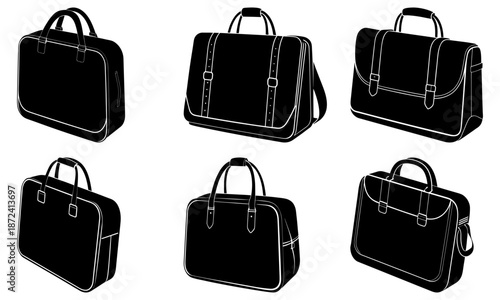 Six Black Leather Briefcases with Handles and Straps on White Background 1