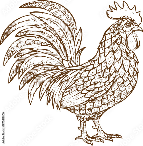 An engraving art detailed handdrawn illustration of a proud rooster with intricate feather patterns, vintage sketch style