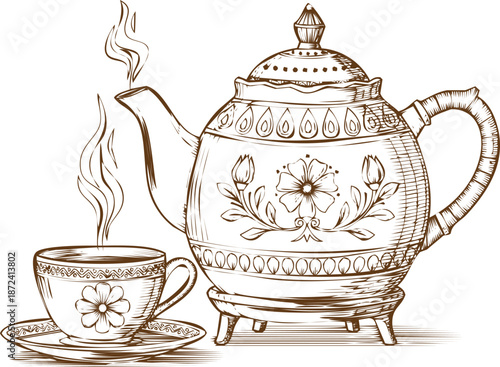 An engraving art vintage teapot and steaming cup sketch drawing
