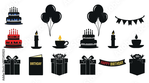 Celebration icons including cakes balloons gifts and candles a dark silhouette