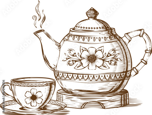 An engraving art vintage teapot and cup sketch with steam