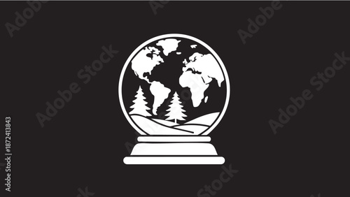 A white graphic illustration of a globe on a stand, centered on a black background, showcasing continents and trees.