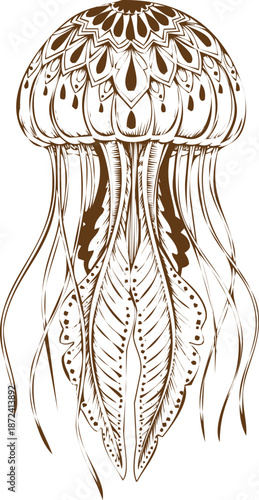 An engraving art ornate mandala jellyfish illustration in brown ink style