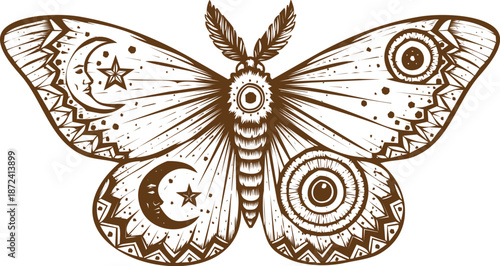 An engraving art mystical moth with celestial moon and stars design, detailed engraving style illustration