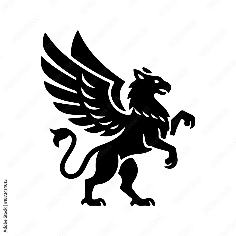 Fototapeta premium Majestic griffin silhouette standing, mythical creature vector illustration, heraldic beast with eagle wings and lion body mascot, black and white fantasy emblem isolated on white background